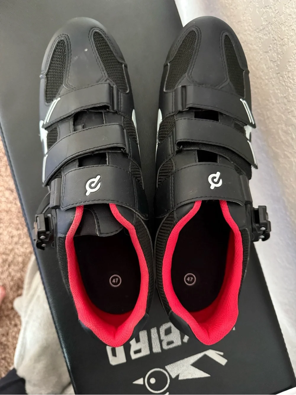 Peloton Black Cycling Shoes with Red Lining and Triple-Strap Closure